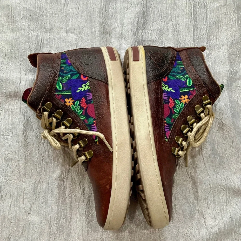 Inkkas Brown Leather Floral Cat Print High Top Sneakers Boots Womens 10 Mens 8